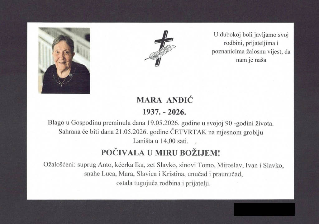 Preminula Mara Anđić, majka fra Tome