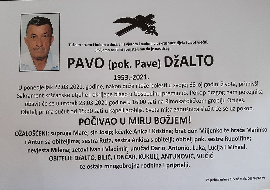 Preminuo Pavo Džalto, brat svećenika don Miljenka