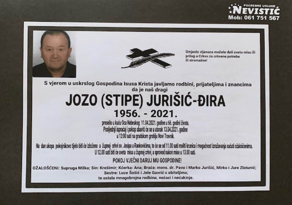 Preminuo Jozo Jurišić, brat mons. Pave